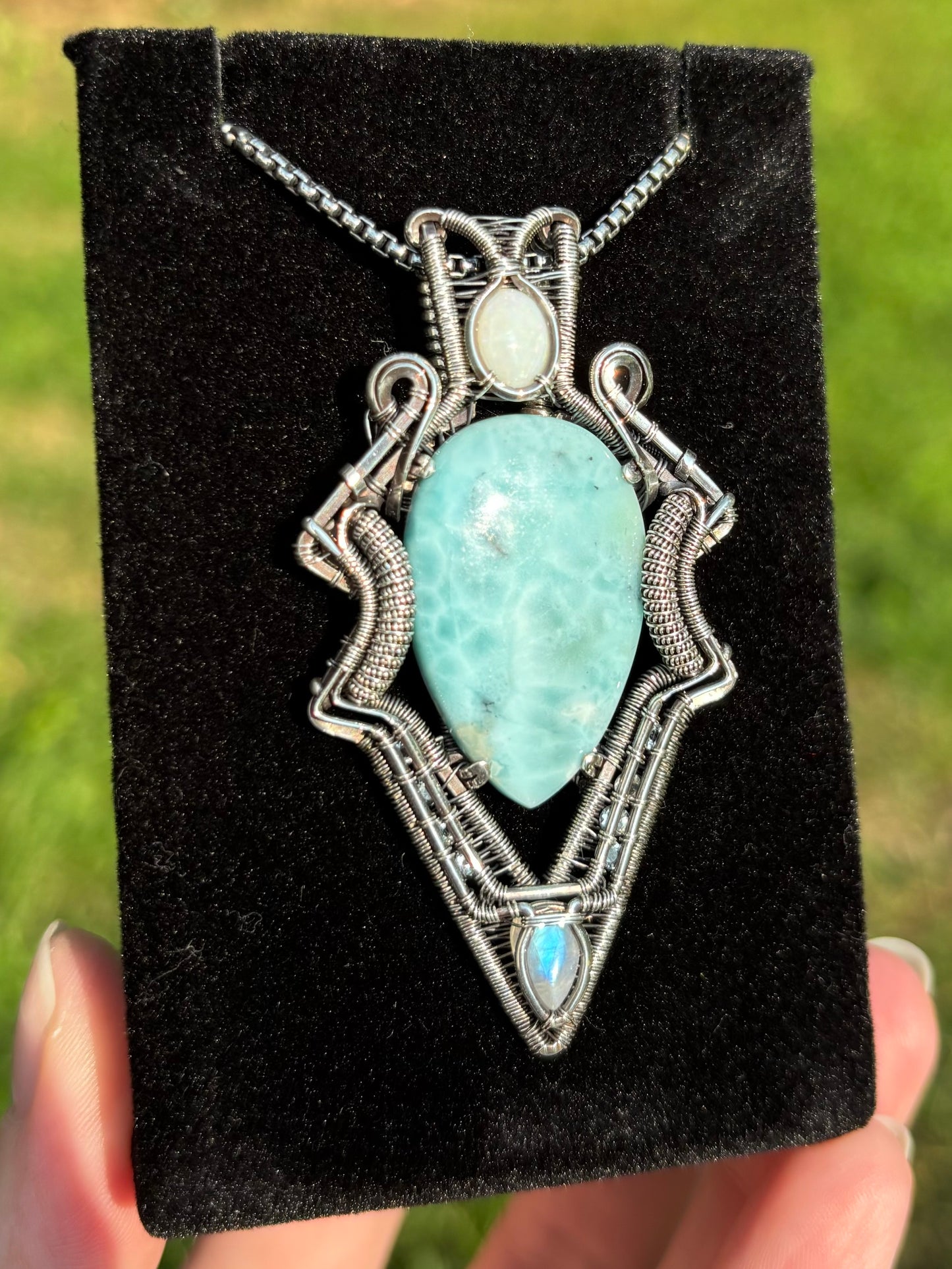 Larimar, Opal, Moonstone and Aquamarine in Sterling Silver Amulet