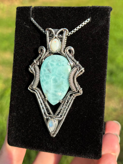 Larimar, Opal, Moonstone and Aquamarine in Sterling Silver Amulet