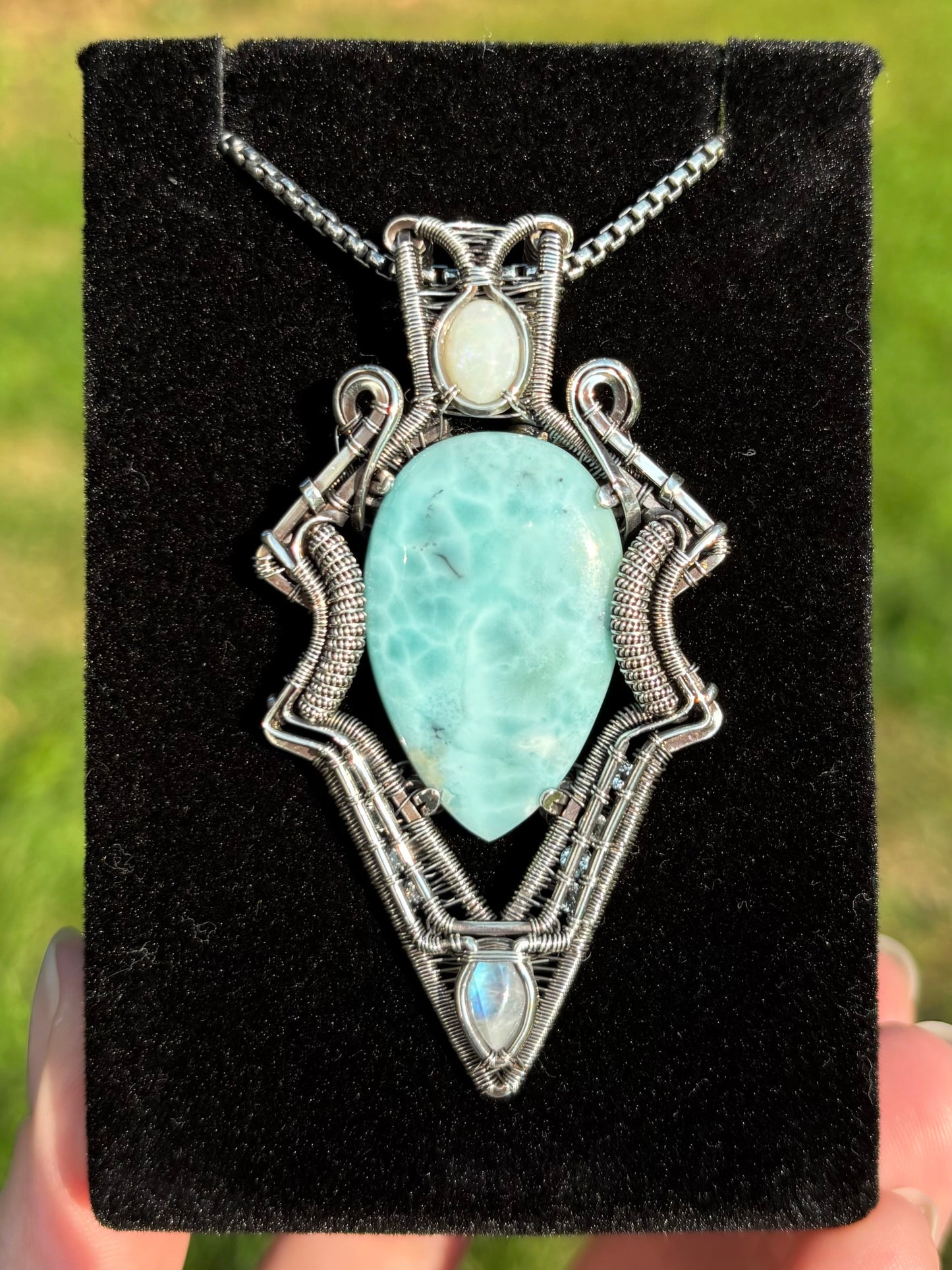 Larimar, Opal, Moonstone and Aquamarine in Sterling Silver Amulet