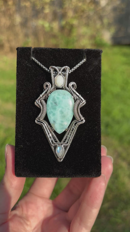 Larimar, Opal, Moonstone and Aquamarine in Sterling Silver Amulet