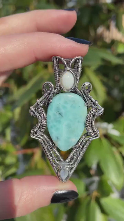 Larimar, Opal, Moonstone and Aquamarine in Sterling Silver Amulet